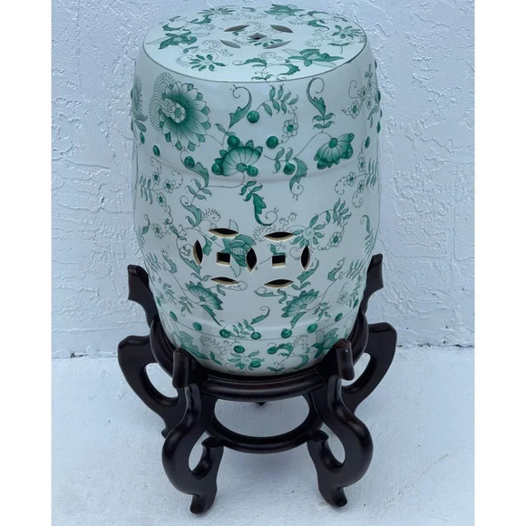 Vintage Antique Chinese Green White Porcelain Floral Garden Stool Plant Stand - Picture 3 of 15